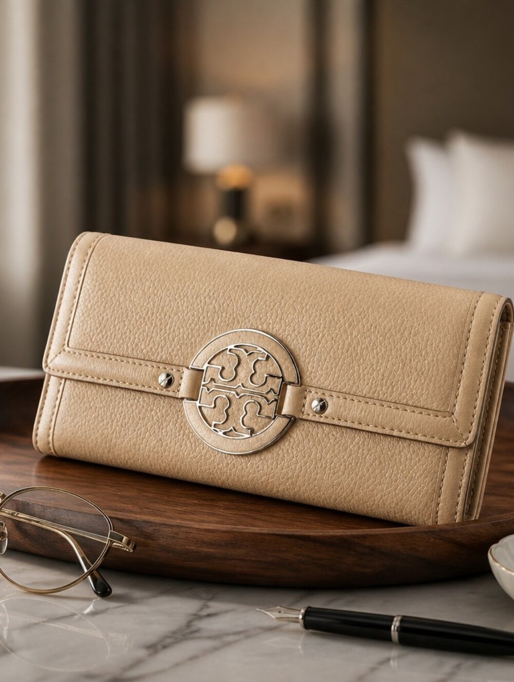 Tory Burch Amanda Continental wallet featuring a prominent gold-tone double-T